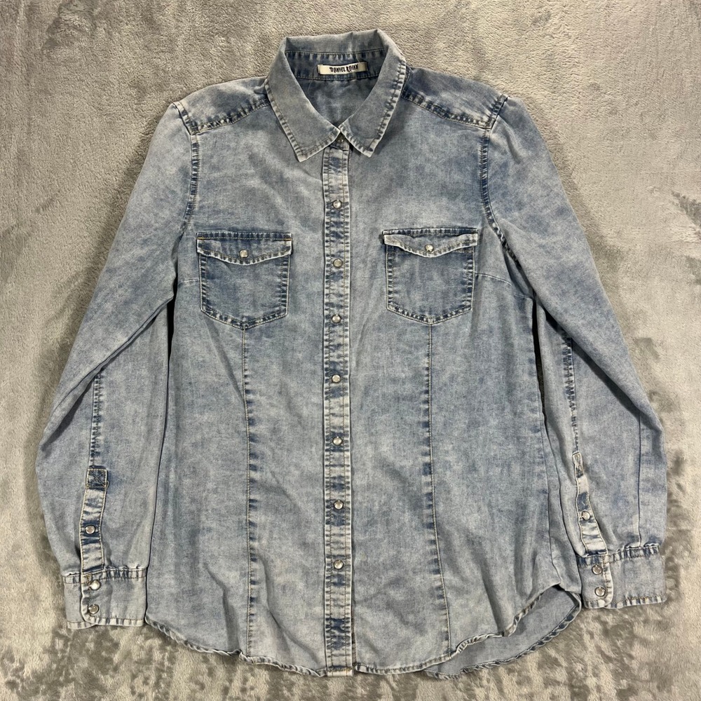 Daniel Rainn Western Shirt Womens M Light Blue Pearl Snap Denim Cotton Americana